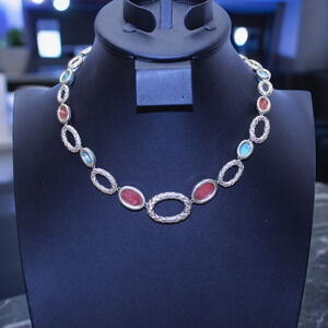 Vintage Monet Necklace Gold Tone Cabochon Orange Teal Costume Hook Eye Clasp